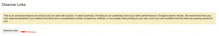 The screenshot shows the "disavow links" button on Google Search Console
