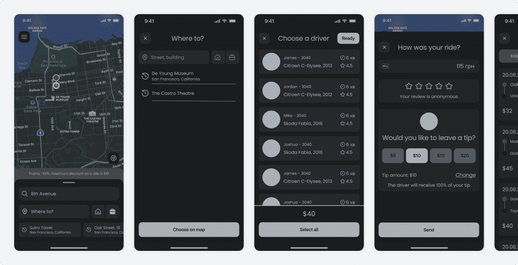 Online Taxi Booking App Wireframes Example