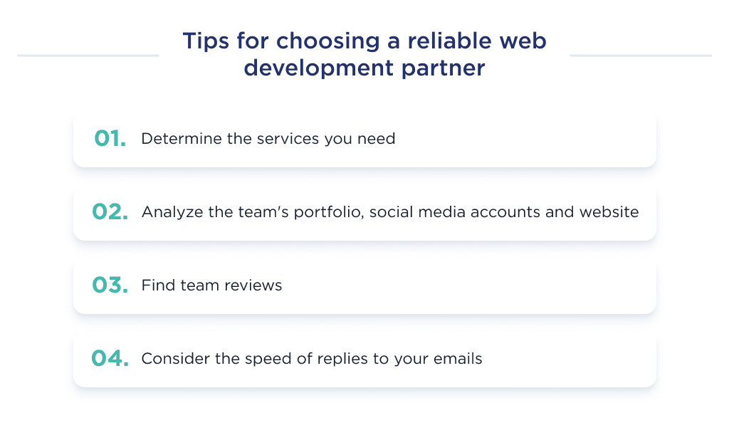 This image shows the key factors to pay attention to while choosing website development partner