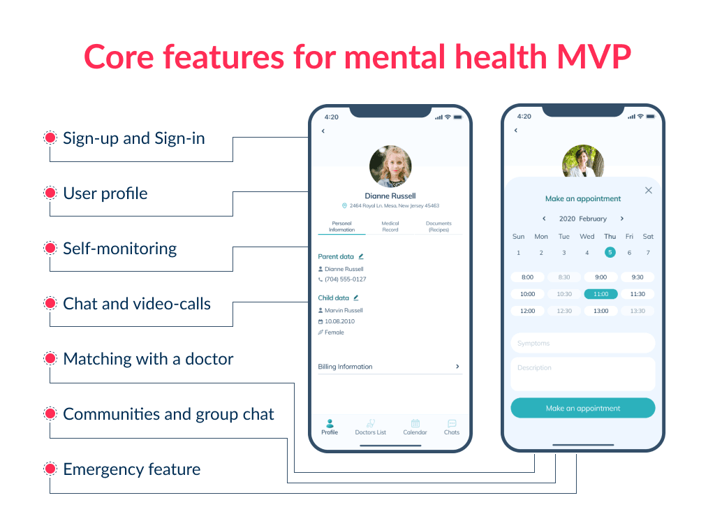 To find out how to develop a mental health app take a precise look at core features to build an MVP