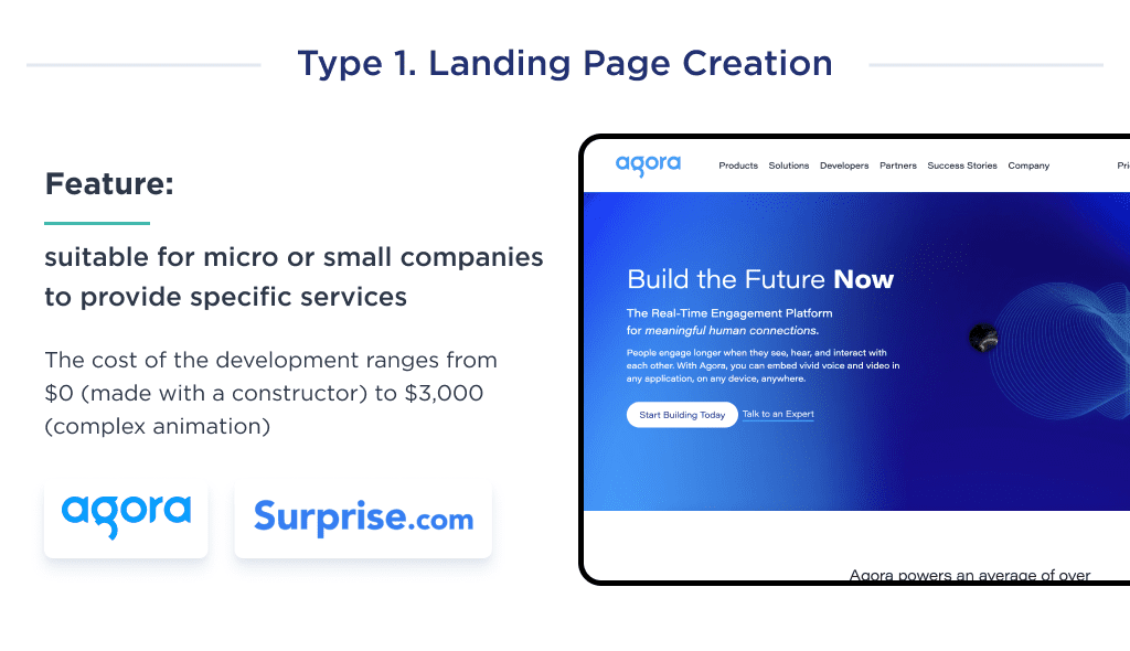 This image shows how much it cost to develop a website on the example of a landing page