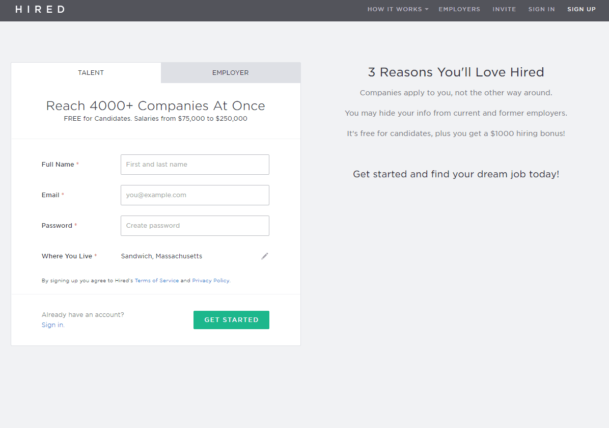 Hired landing page | Spdload the Picture Shows the Registration Page from Hired