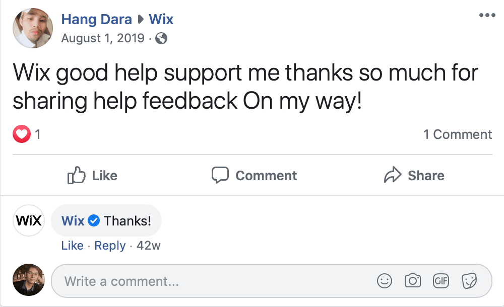 the Picture Shows an Example of a Wix Customer Review on Facebook