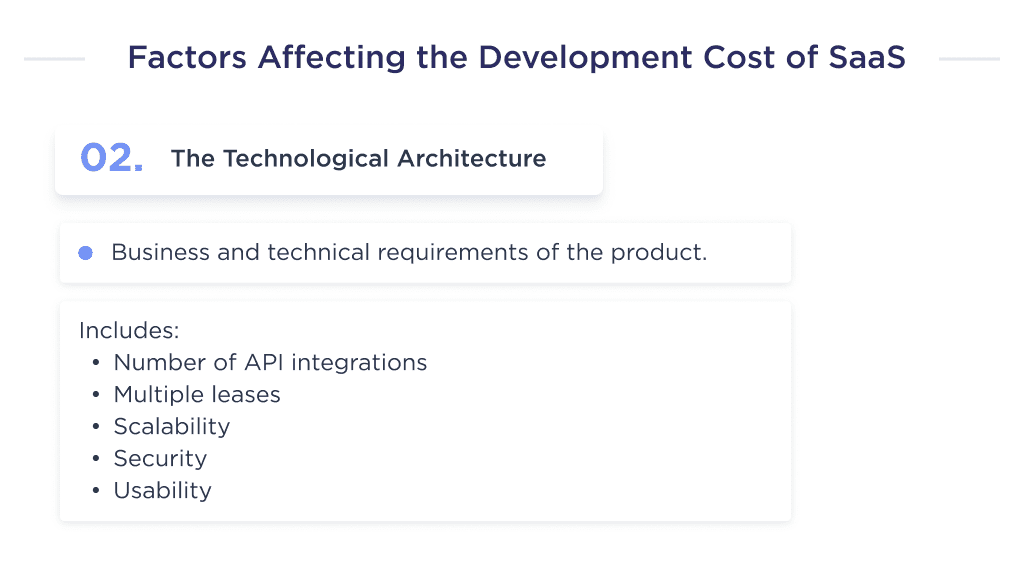 The illustration shows the second factor that affects the cost of creation a SaaS product, such as the technological architecture of the product